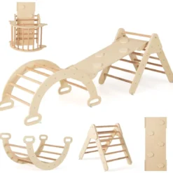 4 in 1 Kletterdreieck mit Rutsche & Kletterbogen & Doppelseitige Rampe Klettergerüst Natur/Bunt/Mehrfärbig/Grau/Weiß