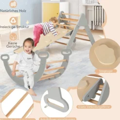 4 in 1 Kletterdreieck mit Rutsche & Kletterbogen & Doppelseitige Rampe Klettergerüst Natur/Bunt/Mehrfärbig/Grau/Weiß