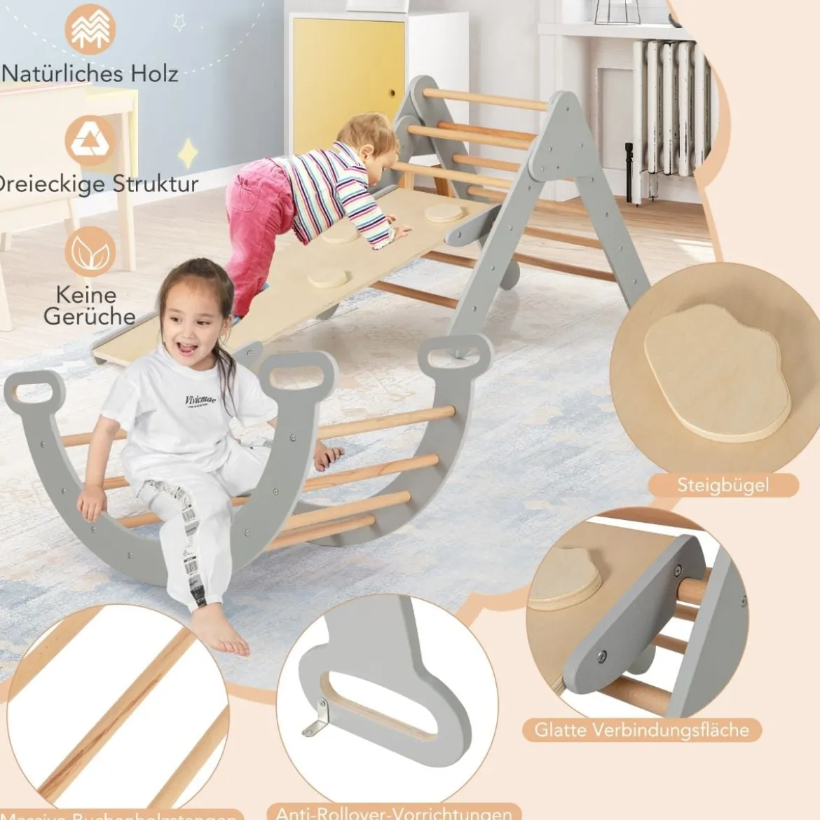 4 in 1 Kletterdreieck mit Rutsche & Kletterbogen & Doppelseitige Rampe Klettergerüst Natur/Bunt/Mehrfärbig/Grau/Weiß