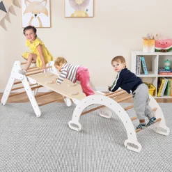 4 in 1 Kletterdreieck mit Rutsche & Kletterbogen & Doppelseitige Rampe Klettergerüst Natur/Bunt/Mehrfärbig/Grau/Weiß