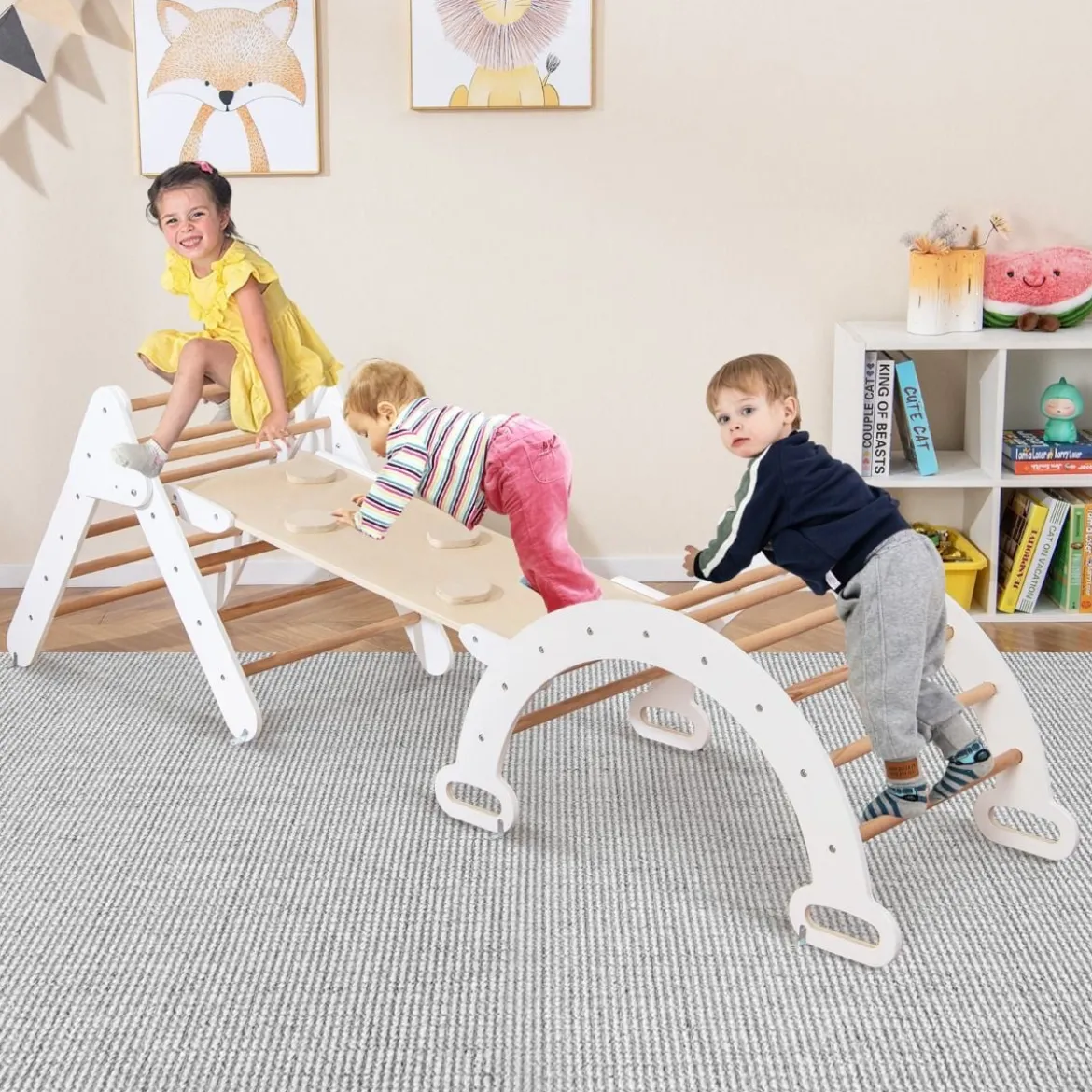 4 in 1 Kletterdreieck mit Rutsche & Kletterbogen & Doppelseitige Rampe Klettergerüst Natur/Bunt/Mehrfärbig/Grau/Weiß