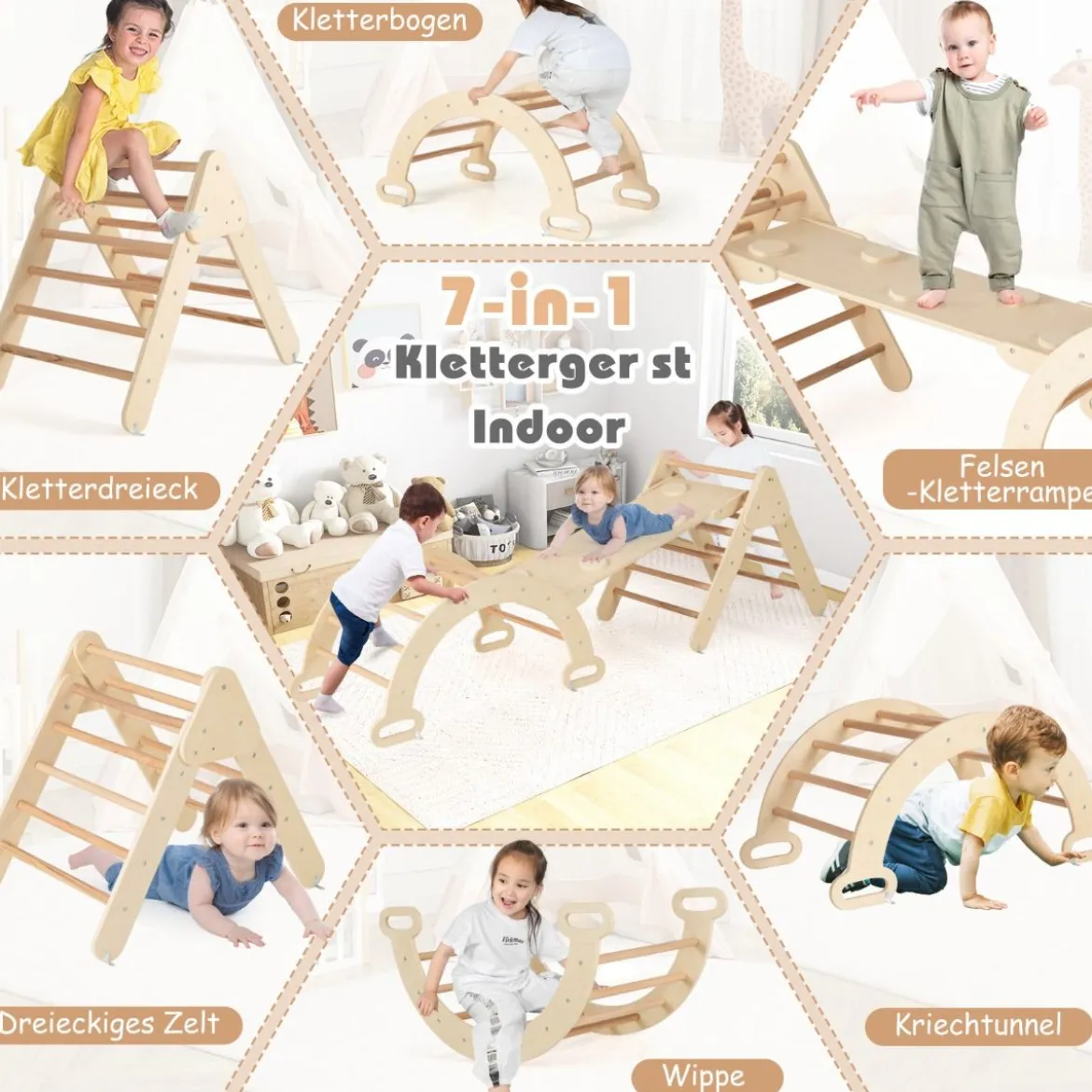 4 in 1 Kletterdreieck mit Rutsche & Kletterbogen & Doppelseitige Rampe Klettergerüst Natur/Bunt/Mehrfärbig/Grau/Weiß