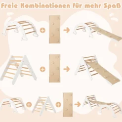 4 in 1 Kletterdreieck mit Rutsche & Kletterbogen & Doppelseitige Rampe Klettergerüst Natur/Bunt/Mehrfärbig/Grau/Weiß