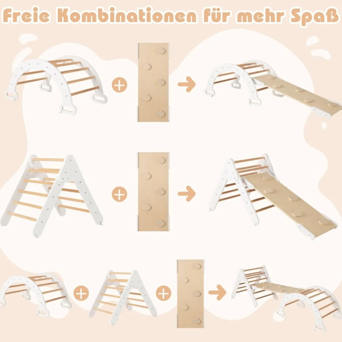 4 in 1 Kletterdreieck mit Rutsche & Kletterbogen & Doppelseitige Rampe Klettergerüst Natur/Bunt/Mehrfärbig/Grau/Weiß