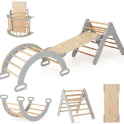 4 in 1 Kletterdreieck mit Rutsche & Kletterbogen & Doppelseitige Rampe Klettergerüst Natur/Bunt/Mehrfärbig/Grau/Weiß