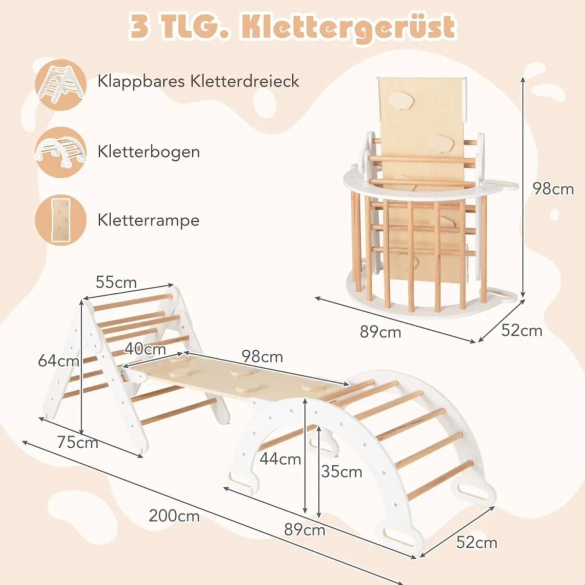 4 in 1 Kletterdreieck mit Rutsche & Kletterbogen & Doppelseitige Rampe Klettergerüst Natur/Bunt/Mehrfärbig/Grau/Weiß