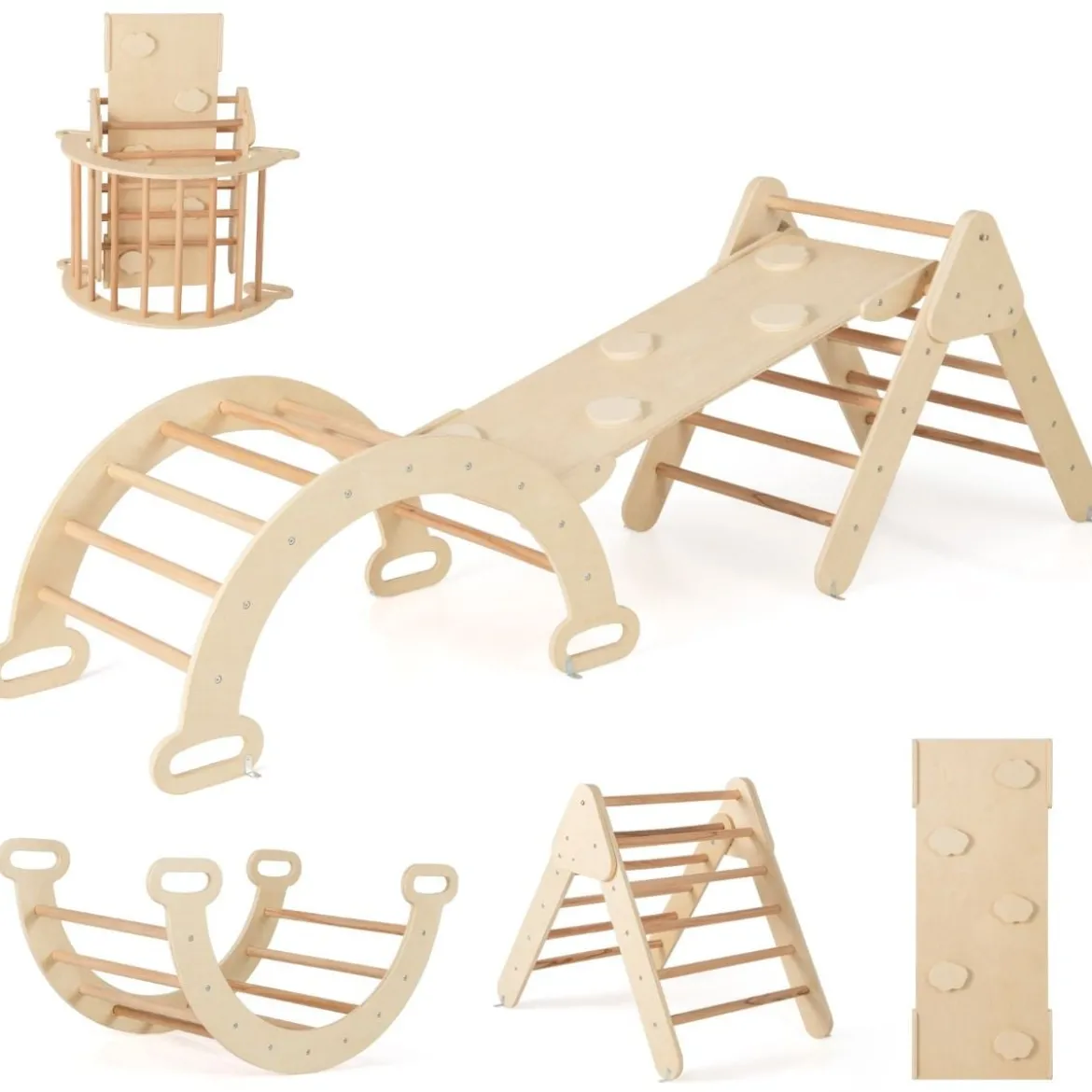 4 in 1 Kletterdreieck mit Rutsche & Kletterbogen & Doppelseitige Rampe Klettergerüst Natur/Bunt/Mehrfärbig/Grau/Weiß