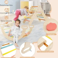 4 in 1 Kletterdreieck mit Rutsche & Kletterbogen & Doppelseitige Rampe Klettergerüst Natur/Bunt/Mehrfärbig/Grau/Weiß