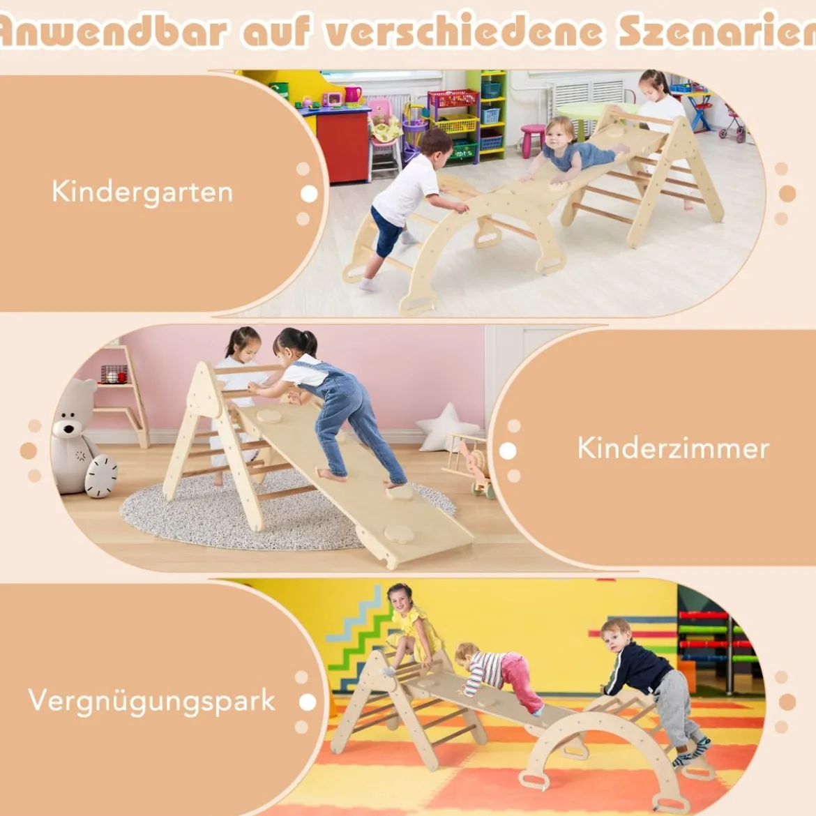 4 in 1 Kletterdreieck mit Rutsche & Kletterbogen & Doppelseitige Rampe Klettergerüst Natur/Bunt/Mehrfärbig/Grau/Weiß