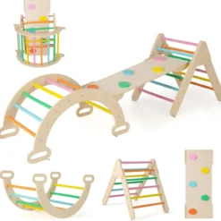 4 in 1 Kletterdreieck mit Rutsche & Kletterbogen & Doppelseitige Rampe Klettergerüst Natur/Bunt/Mehrfärbig/Grau/Weiß