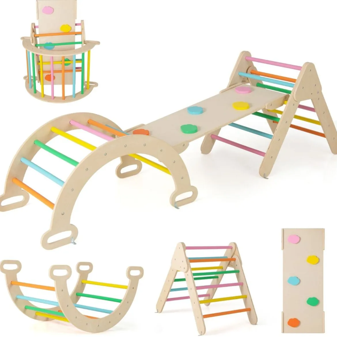 4 in 1 Kletterdreieck mit Rutsche & Kletterbogen & Doppelseitige Rampe Klettergerüst Natur/Bunt/Mehrfärbig/Grau/Weiß