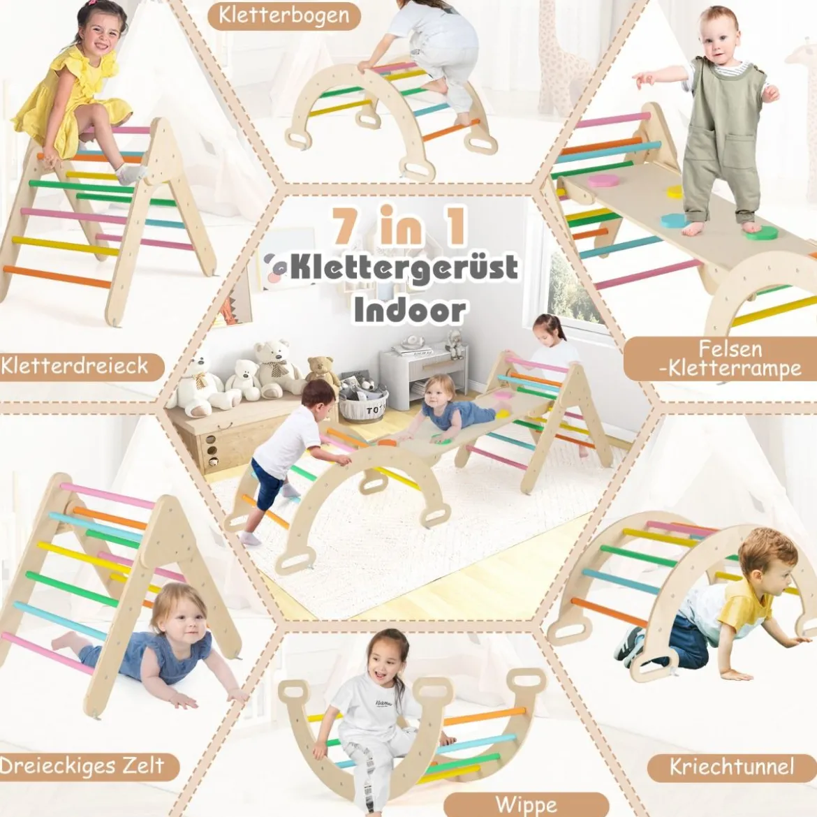 4 in 1 Kletterdreieck mit Rutsche & Kletterbogen & Doppelseitige Rampe Klettergerüst Natur/Bunt/Mehrfärbig/Grau/Weiß