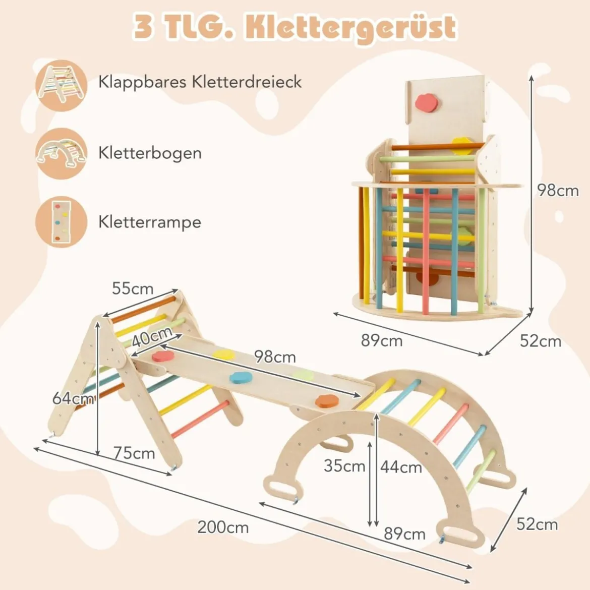 4 in 1 Kletterdreieck mit Rutsche & Kletterbogen & Doppelseitige Rampe Klettergerüst Natur/Bunt/Mehrfärbig/Grau/Weiß