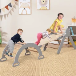 4 in 1 Kletterdreieck mit Rutsche & Kletterbogen & Doppelseitige Rampe Klettergerüst Natur/Bunt/Mehrfärbig/Grau/Weiß