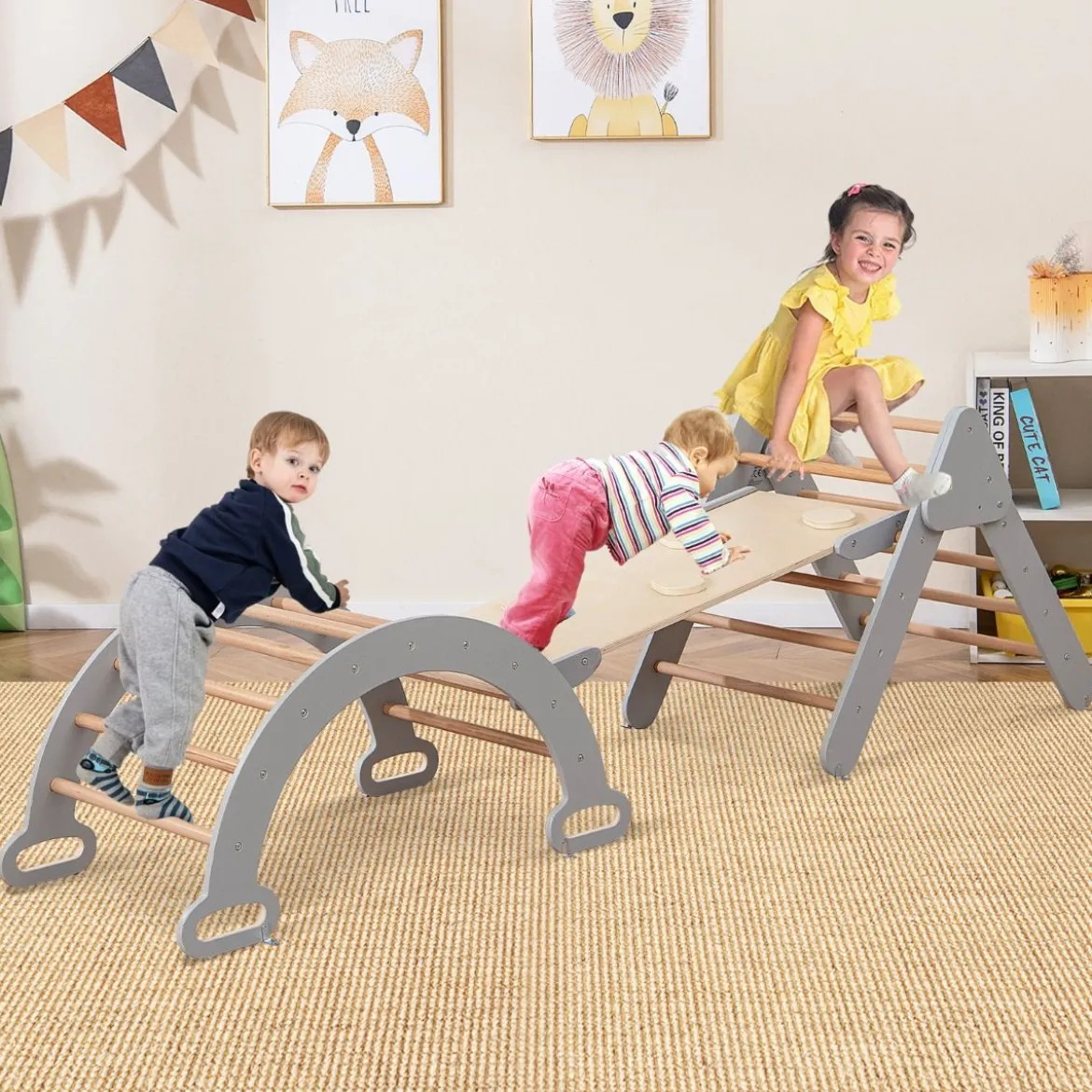 4 in 1 Kletterdreieck mit Rutsche & Kletterbogen & Doppelseitige Rampe Klettergerüst Natur/Bunt/Mehrfärbig/Grau/Weiß