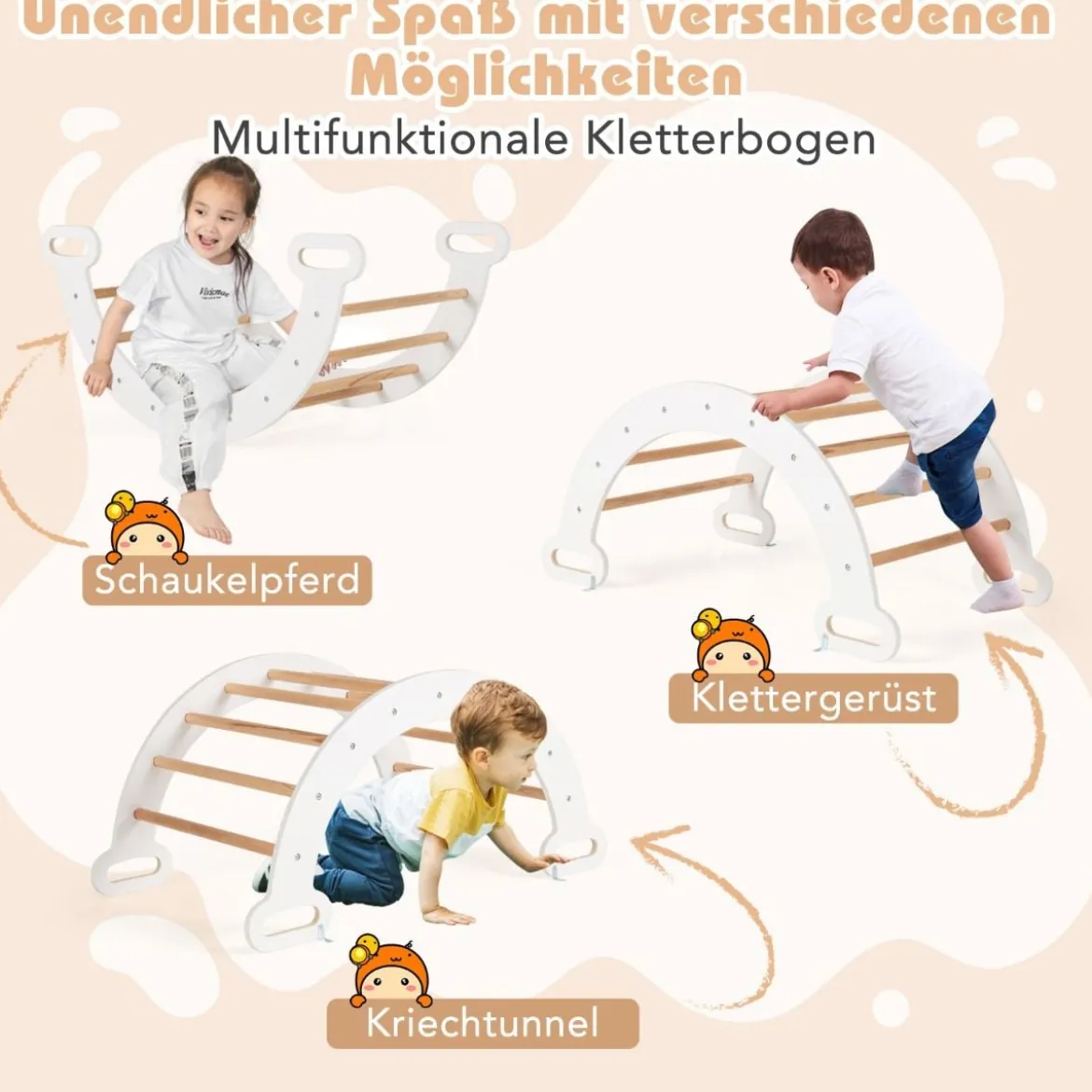 4 in 1 Kletterdreieck mit Rutsche & Kletterbogen & Doppelseitige Rampe Klettergerüst Natur/Bunt/Mehrfärbig/Grau/Weiß
