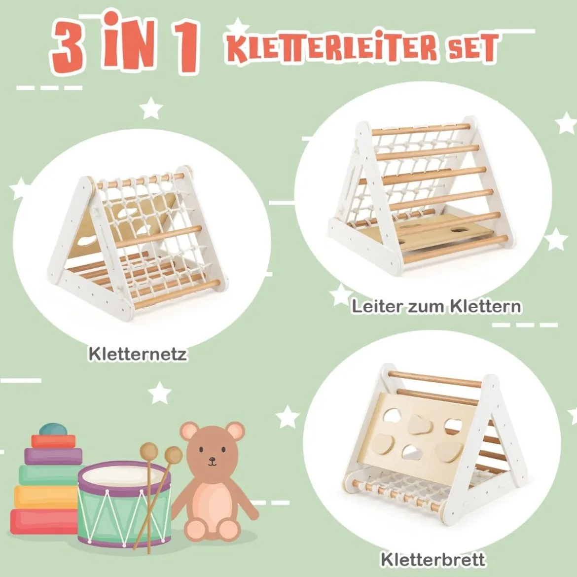 4 in 1 Kletterdreieck mit Rutsche Klettergerüst aus Holz62,5 x 64 x 57,5 cm