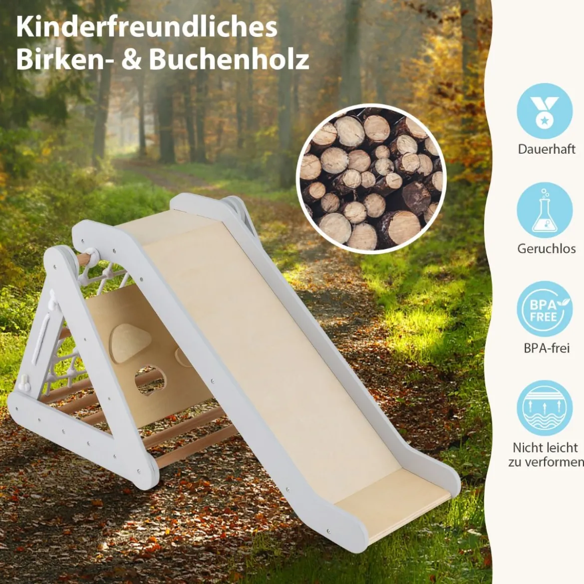 4 in 1 Kletterdreieck mit Rutsche Klettergerüst aus Holz62,5 x 64 x 57,5 cm