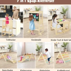 7 in 1 Kletterdreieck mit Rutsche Klettergerüst für Kinder ab 3 Jahren Tritthocker Kreidetafel