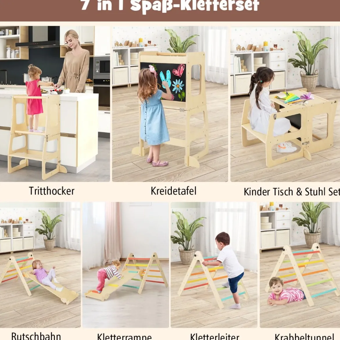 7 in 1 Kletterdreieck mit Rutsche Klettergerüst für Kinder ab 3 Jahren Tritthocker Kreidetafel