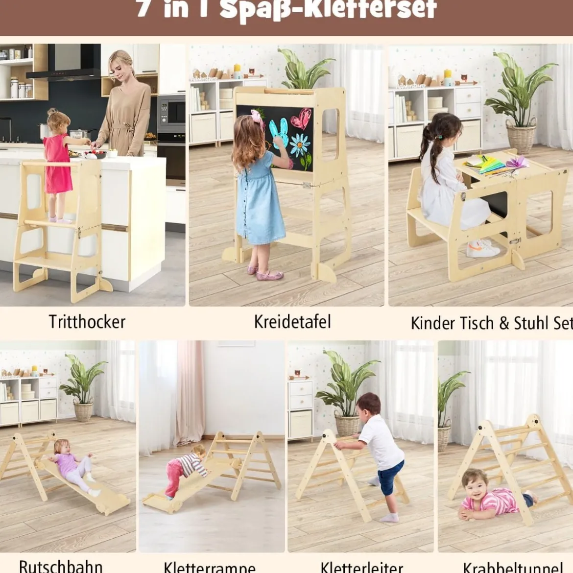 7 in 1 Kletterdreieck mit Rutsche Klettergerüst für Kinder ab 3 Jahren Tritthocker Kreidetafel
