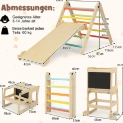 7 in 1 Kletterdreieck mit Rutsche Klettergerüst für Kinder ab 3 Jahren Tritthocker Kreidetafel