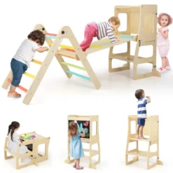7 in 1 Kletterdreieck mit Rutsche Klettergerüst für Kinder ab 3 Jahren Tritthocker Kreidetafel