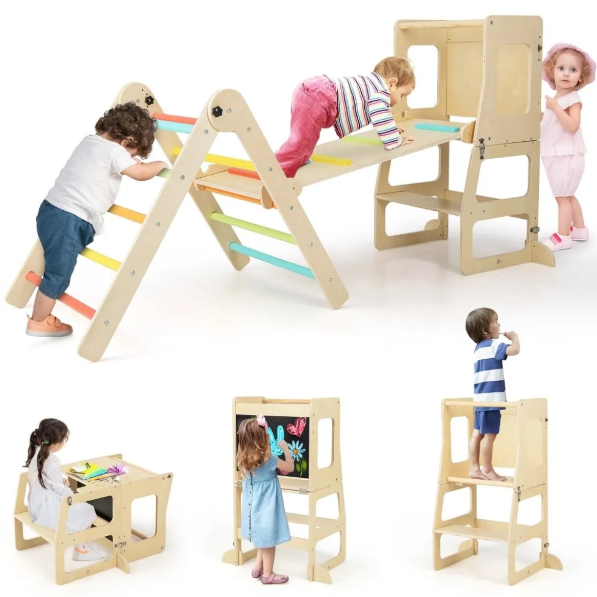 7 in 1 Kletterdreieck mit Rutsche Klettergerüst für Kinder ab 3 Jahren Tritthocker Kreidetafel