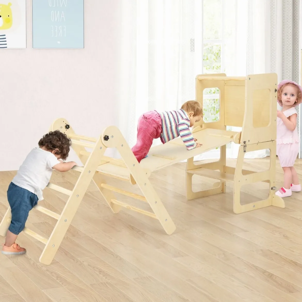 7 in 1 Kletterdreieck mit Rutsche Klettergerüst für Kinder ab 3 Jahren Tritthocker Kreidetafel