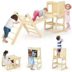 7 in 1 Kletterdreieck mit Rutsche Klettergerüst für Kinder ab 3 Jahren Tritthocker Kreidetafel