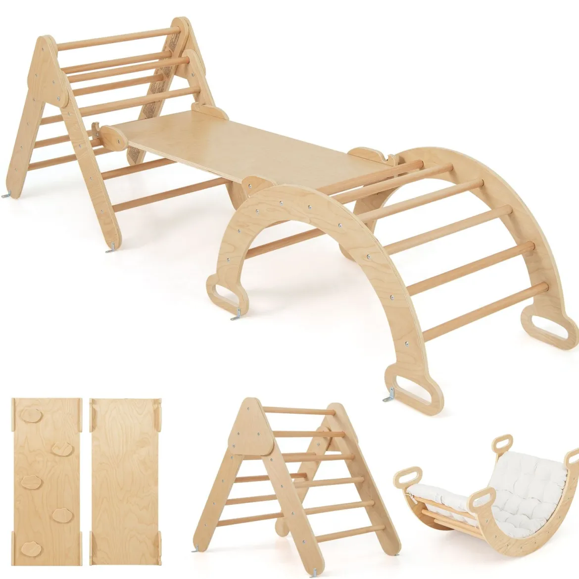 4 in 1 Kletterdreieck mit Rutsche & Kletterbogen & Doppelseitige Rampe Klettergerüst Natur/Bunt