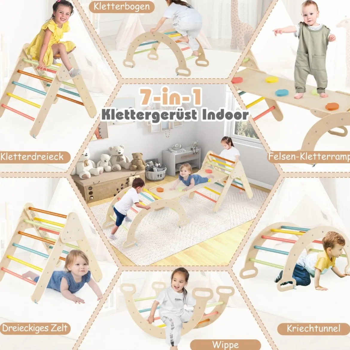 4 in 1 Kletterdreieck mit Rutsche & Kletterbogen & Doppelseitige Rampe Klettergerüst Natur/Bunt