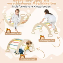 4 in 1 Kletterdreieck mit Rutsche & Kletterbogen & Doppelseitige Rampe Klettergerüst Natur/Bunt