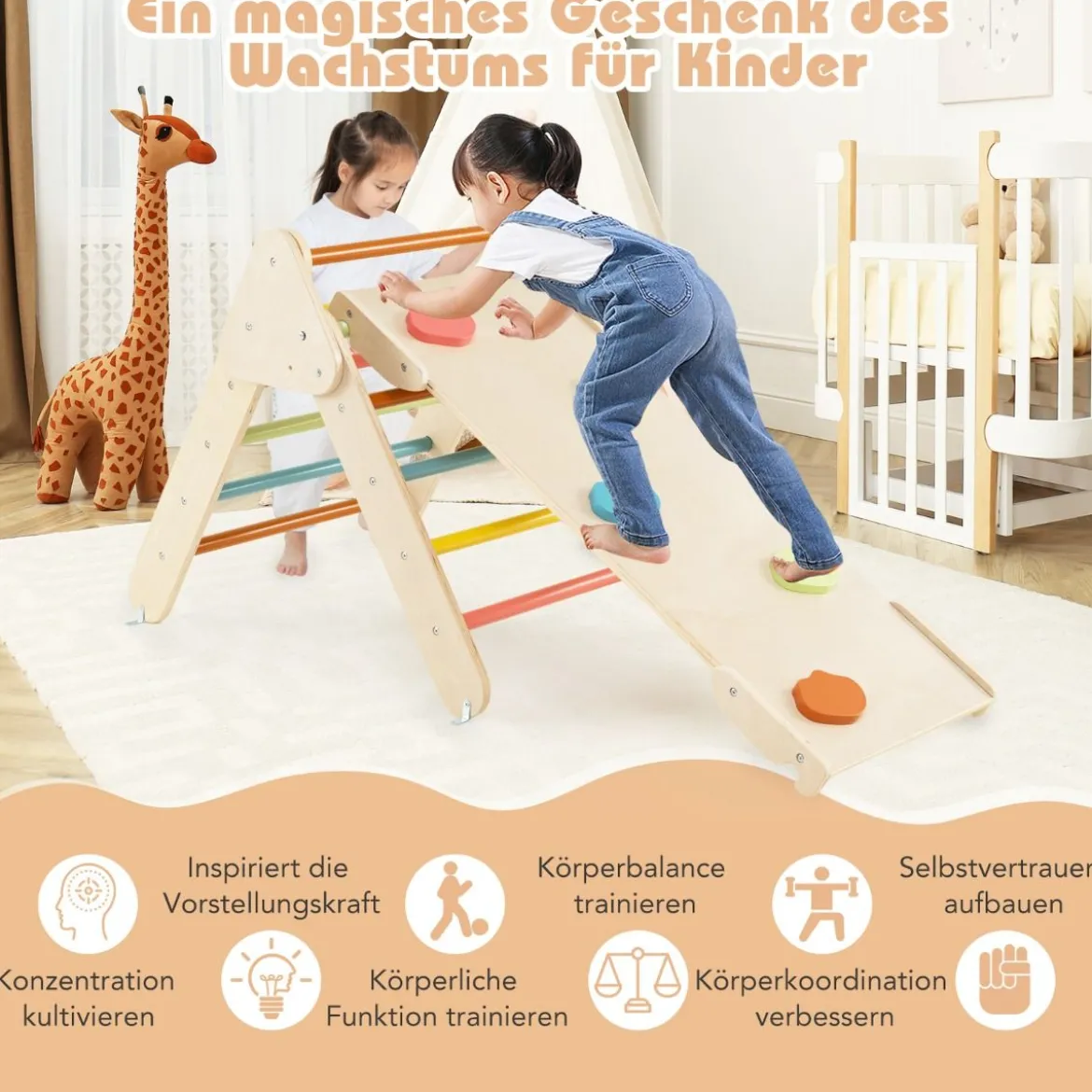 4 in 1 Kletterdreieck mit Rutsche & Kletterbogen & Doppelseitige Rampe Klettergerüst Natur/Bunt