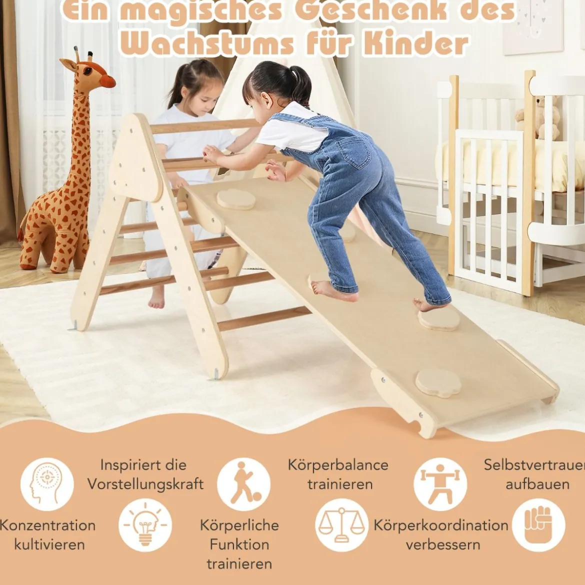 4 in 1 Kletterdreieck mit Rutsche & Kletterbogen & Doppelseitige Rampe Klettergerüst Natur/Bunt