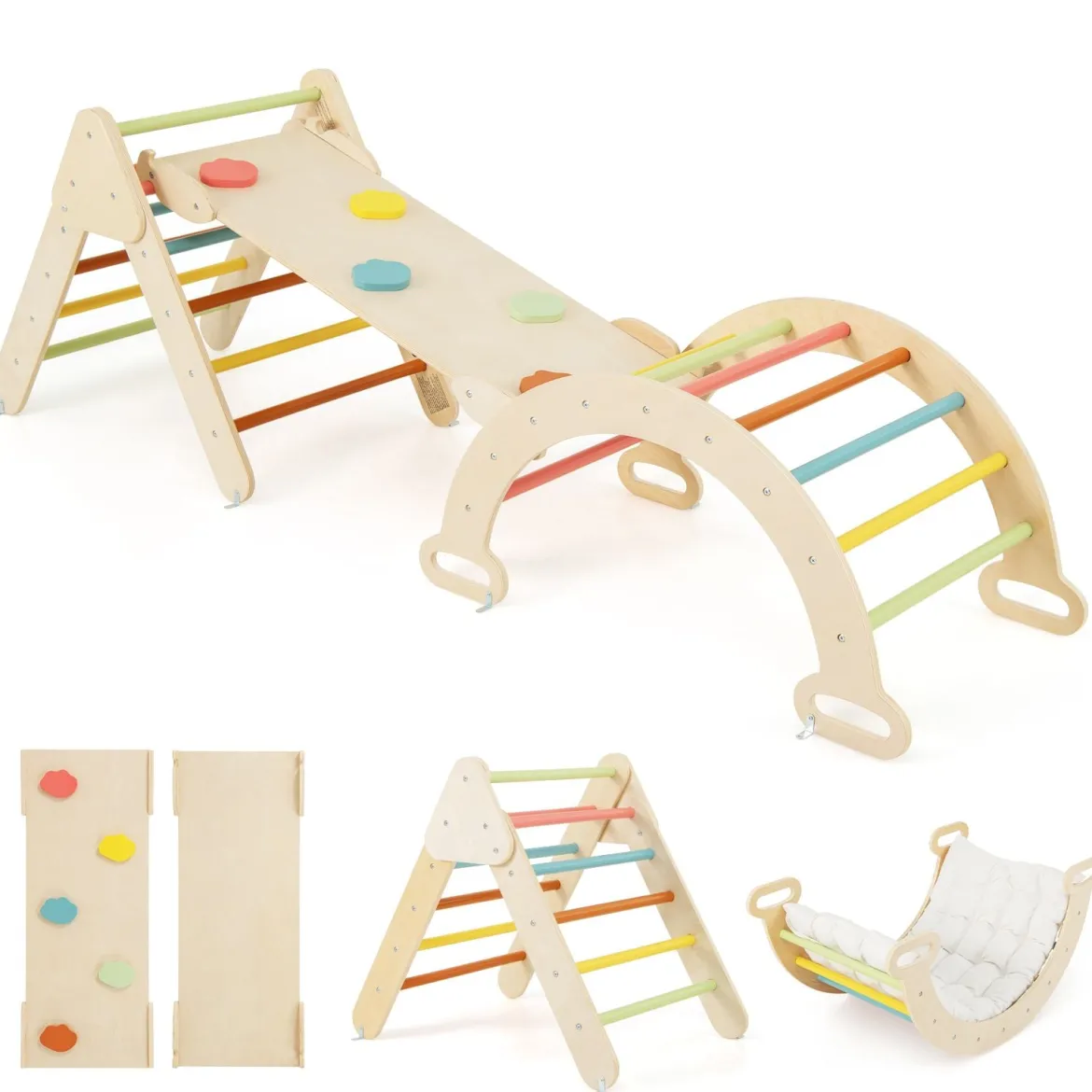4 in 1 Kletterdreieck mit Rutsche & Kletterbogen & Doppelseitige Rampe Klettergerüst Natur/Bunt