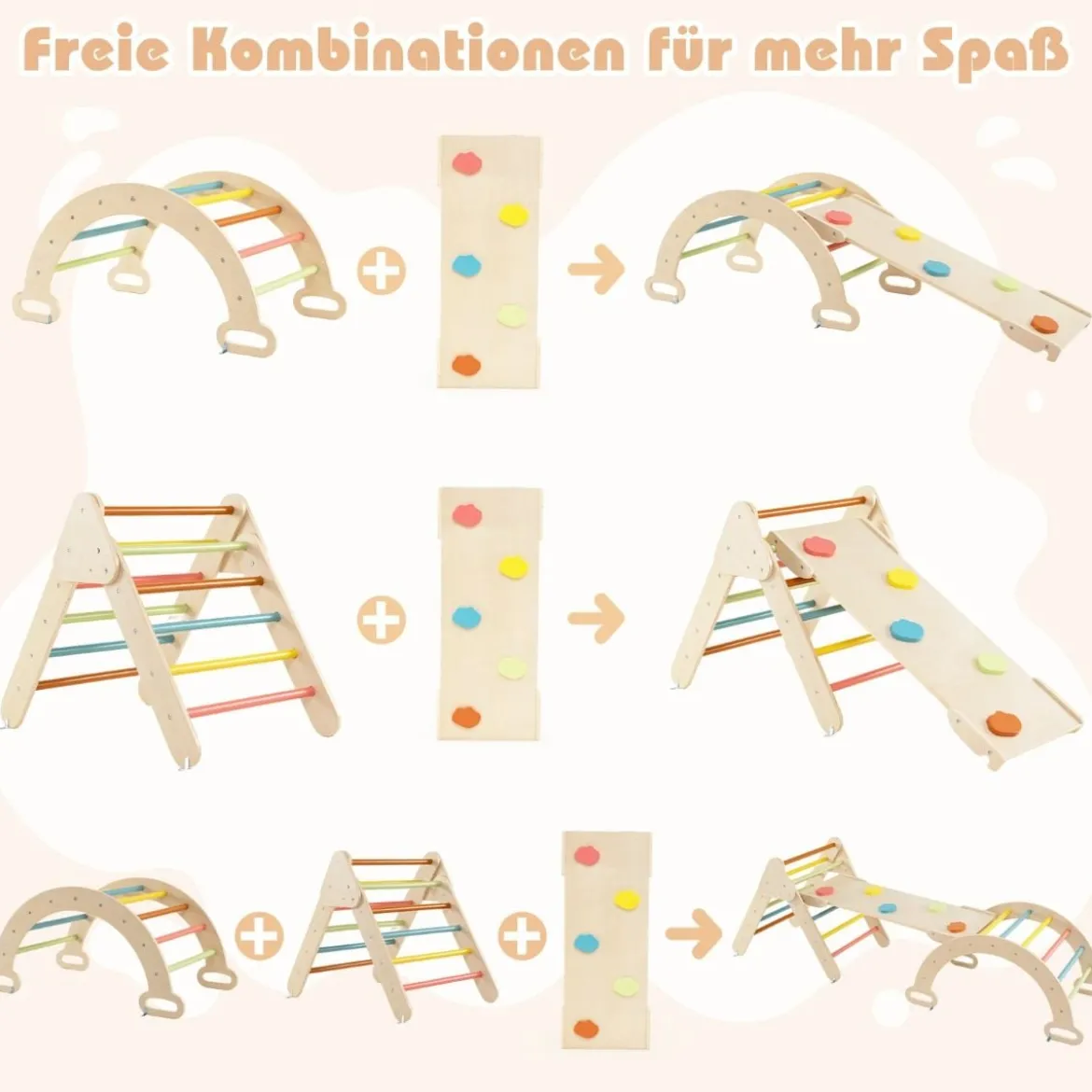4 in 1 Kletterdreieck mit Rutsche & Kletterbogen & Doppelseitige Rampe Klettergerüst Natur/Bunt