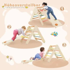 4 in 1 Kletterdreieck mit Rutsche & Kletterbogen & Doppelseitige Rampe Klettergerüst Natur/Bunt