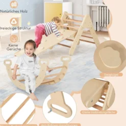 4 in 1 Kletterdreieck mit Rutsche & Kletterbogen & Doppelseitige Rampe Klettergerüst Natur/Bunt