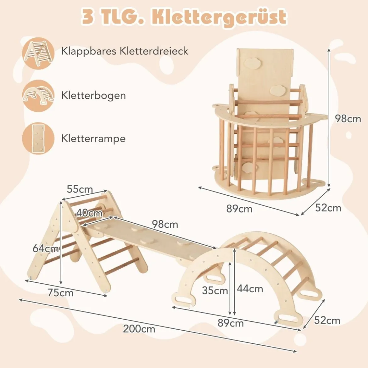 4 in 1 Kletterdreieck mit Rutsche & Kletterbogen & Doppelseitige Rampe Klettergerüst Natur/Bunt