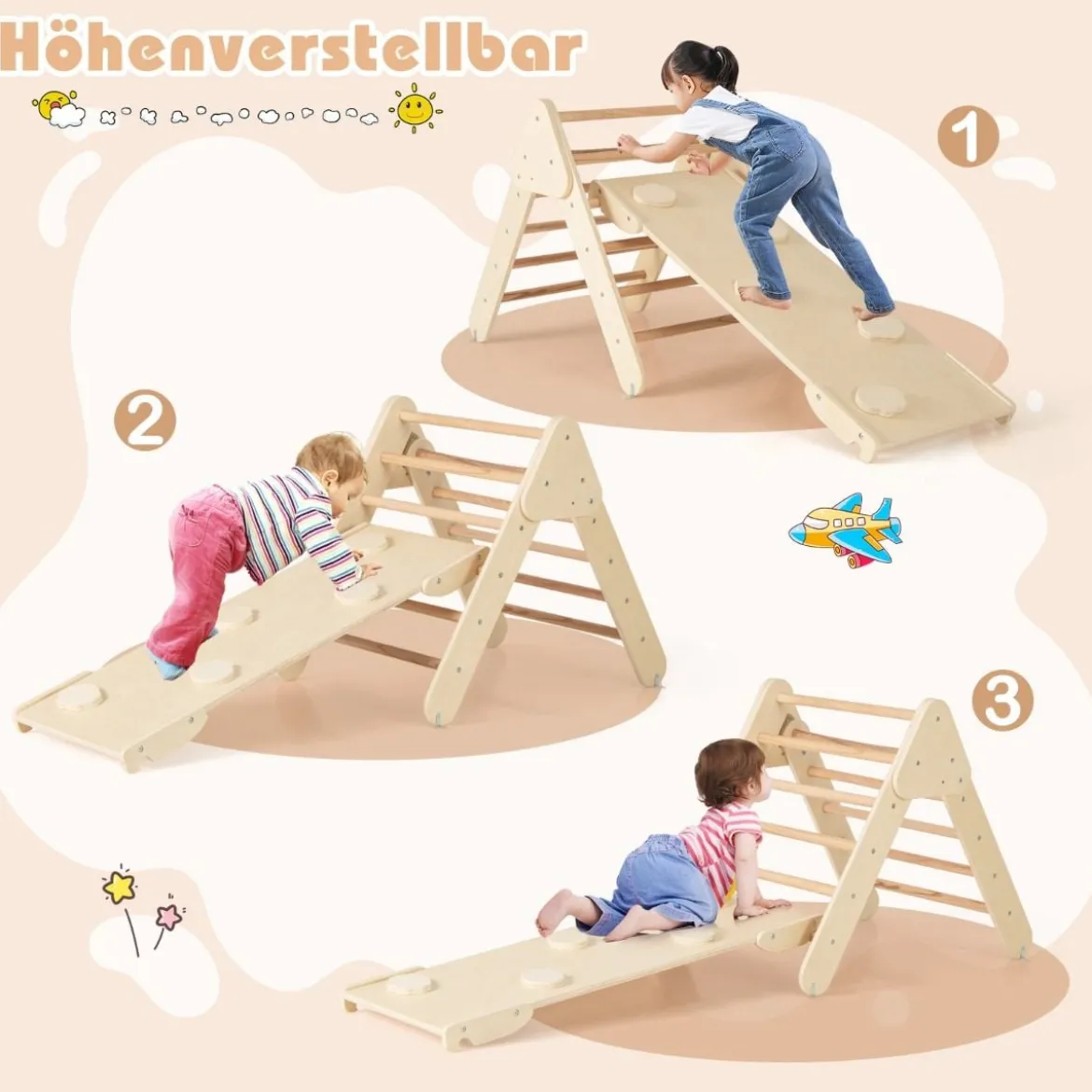 4 in 1 Kletterdreieck mit Rutsche & Kletterbogen & Doppelseitige Rampe Klettergerüst Natur/Bunt