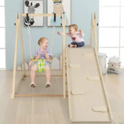 4 in 1 Klettergerüst mit Babyschaukel & Ruheplattform & Kletterrampe & Leiter Montessori Kletterset Natur
