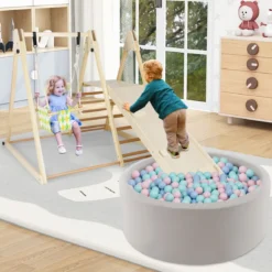 4 in 1 Klettergerüst mit Babyschaukel & Ruheplattform & Kletterrampe & Leiter Montessori Kletterset Natur