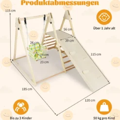 4 in 1 Klettergerüst mit Babyschaukel & Ruheplattform & Kletterrampe & Leiter Montessori Kletterset Natur