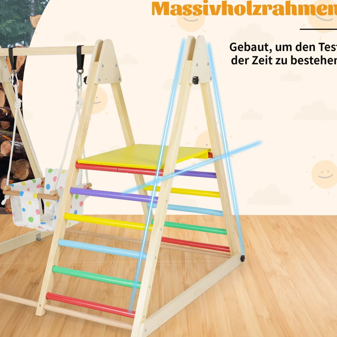 4 in 1 Klettergerüst mit Babyschaukel & Ruheplattform & Kletterrampe & Leiter Montessori Kletterset Bunt