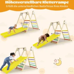 4 in 1 Klettergerüst mit Babyschaukel & Ruheplattform & Kletterrampe & Leiter Montessori Kletterset Bunt