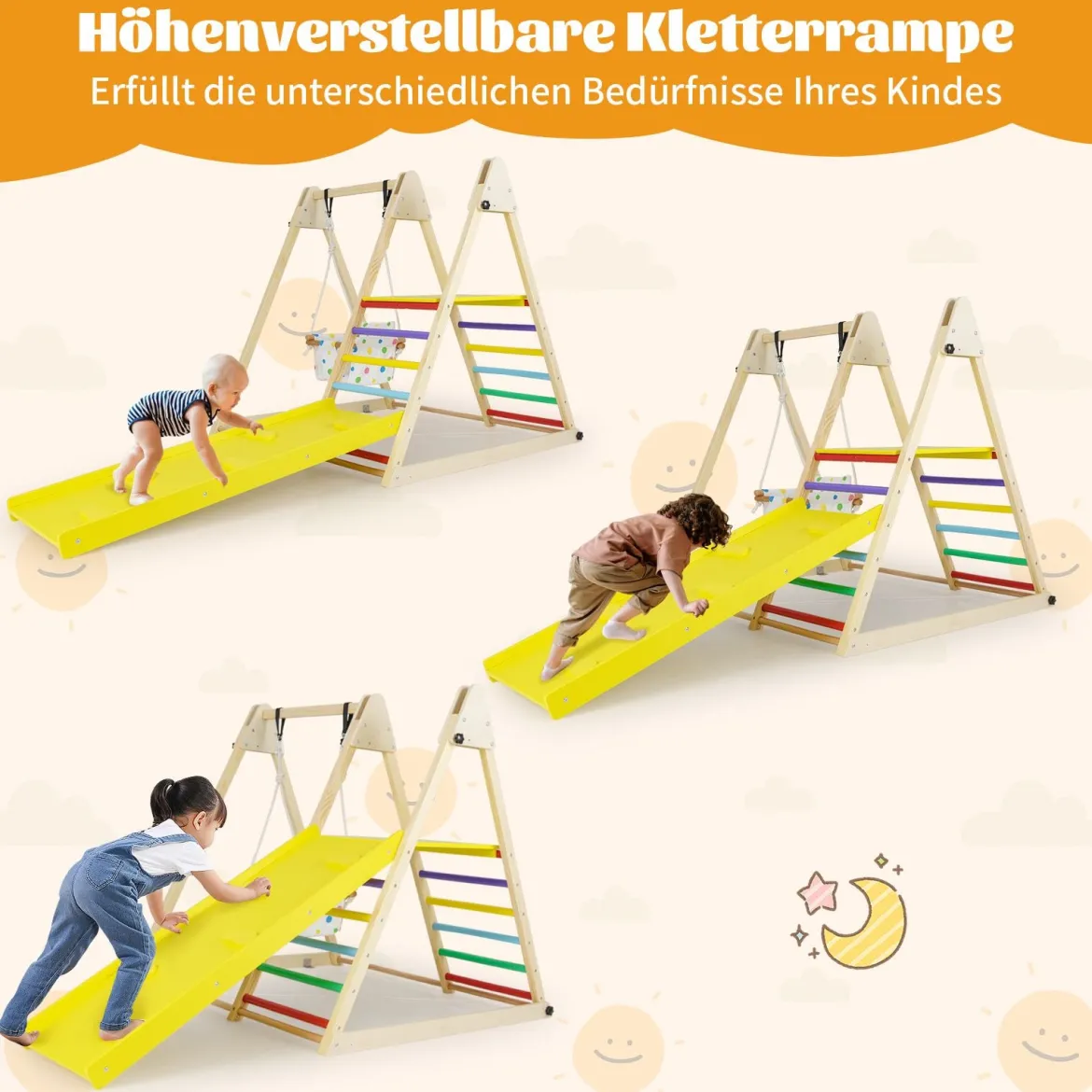 4 in 1 Klettergerüst mit Babyschaukel & Ruheplattform & Kletterrampe & Leiter Montessori Kletterset Bunt