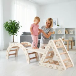 5 in 1 Klettergerüst mit Kletterbogen & Holzdreieck & Rutsche Kletterdreieck inkl. Doppelseitige Rampe
