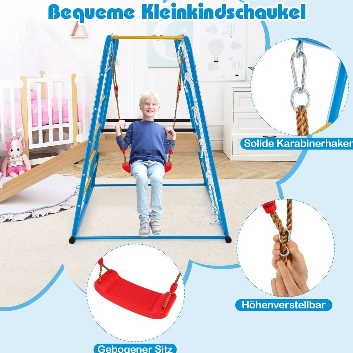 6 in 1 Klettergerüst Schaukel & Rutsche & Kletterstange & Kletterleiter & Seilwand für Kinder ab 3 Jahre