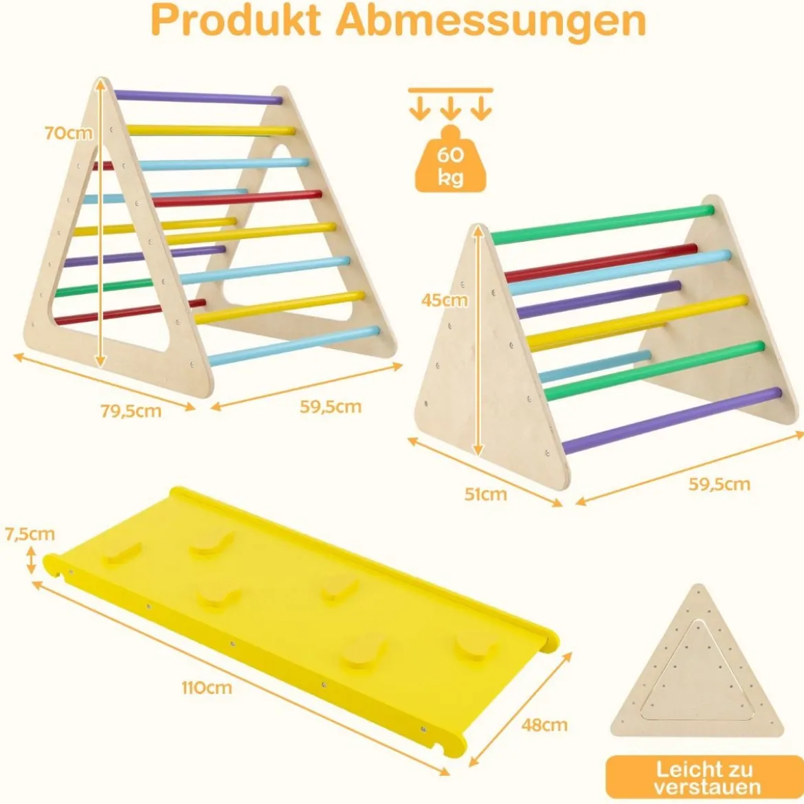 3 in 1 Kletterspielzeug Set mit Kletterdreieck & Leiter & Rutsche Klettergerüst Bunt